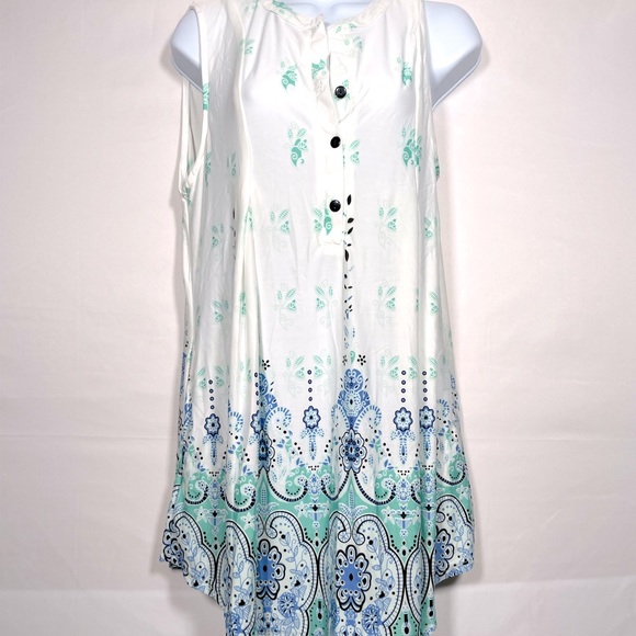 Boho Tank Dress Size Large White Blue and Green Midi - Picture 2 of 5